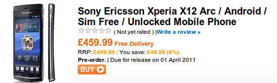 تم طرح هاتف سوني  Xperia Arc للطلب المسبق في بريطانيا