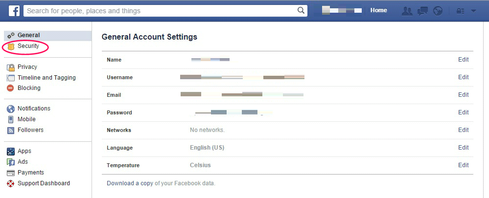 Facebook Security Section