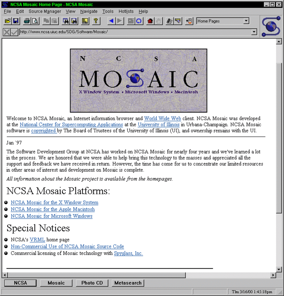 واجهة مستخدم متصفح الانترنت موازاييك عام 1993