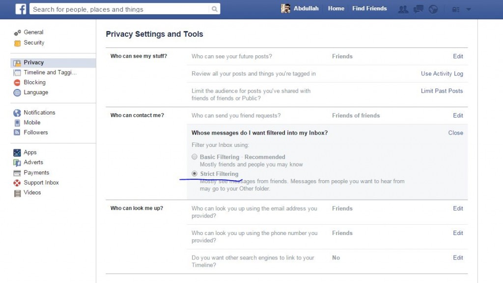 message filter facebook