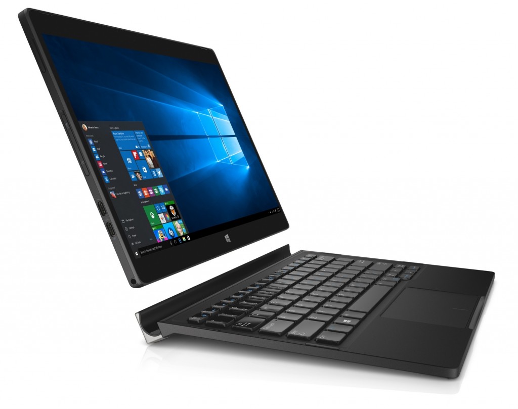 Dell XPS 12 (Model 9250) 2-in-1 notebook computer, shown with tablet screen hovering over Mobility Dock keyboard attachment.
