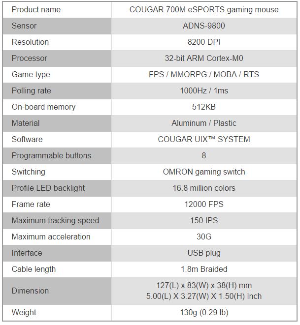 Cougar 700M Gaming Mouse Specs Cougar 700M Gaming Mouse Specs
