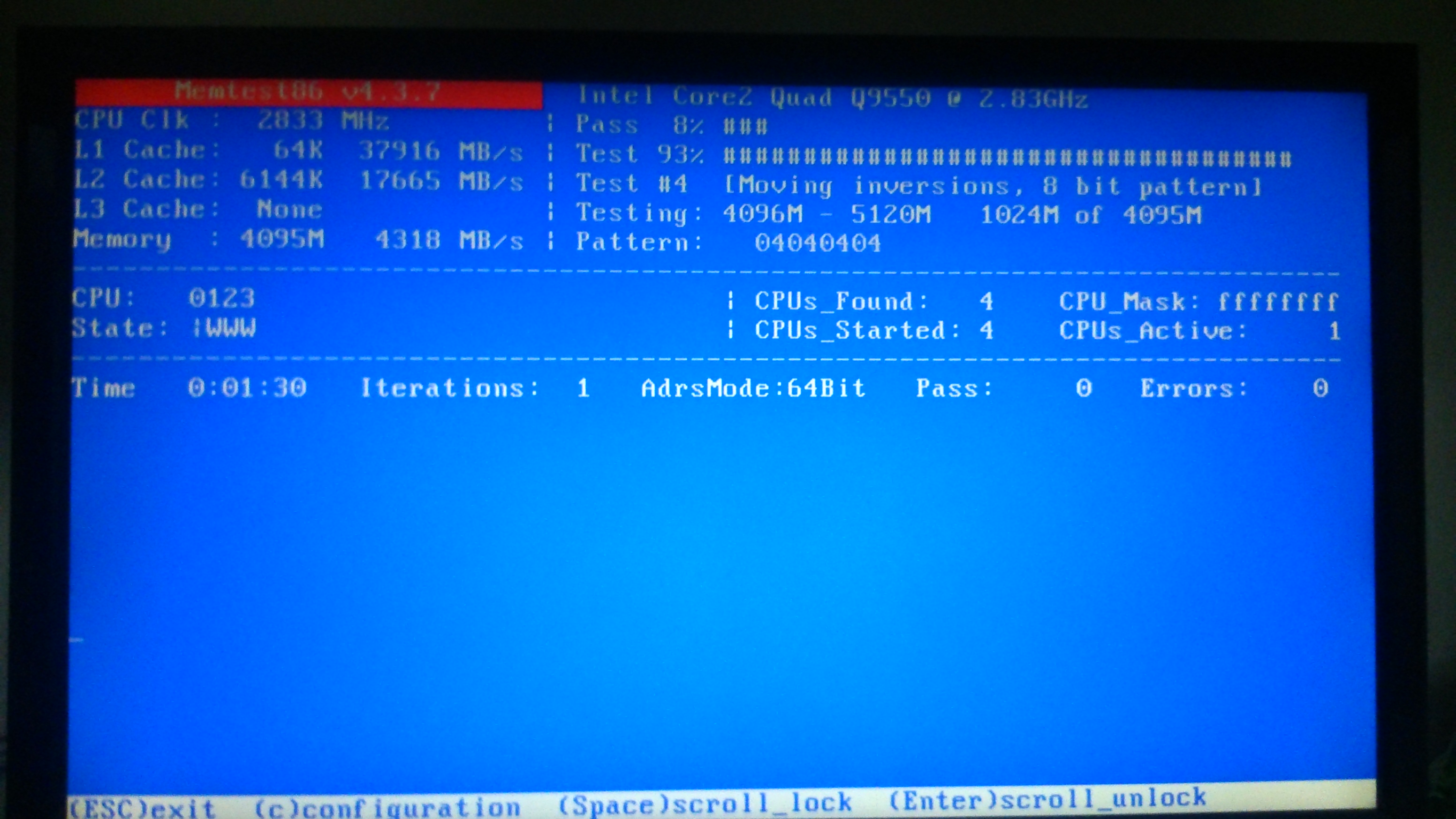 صورة لحظة الاختبار من خلال برنامج MemTest86