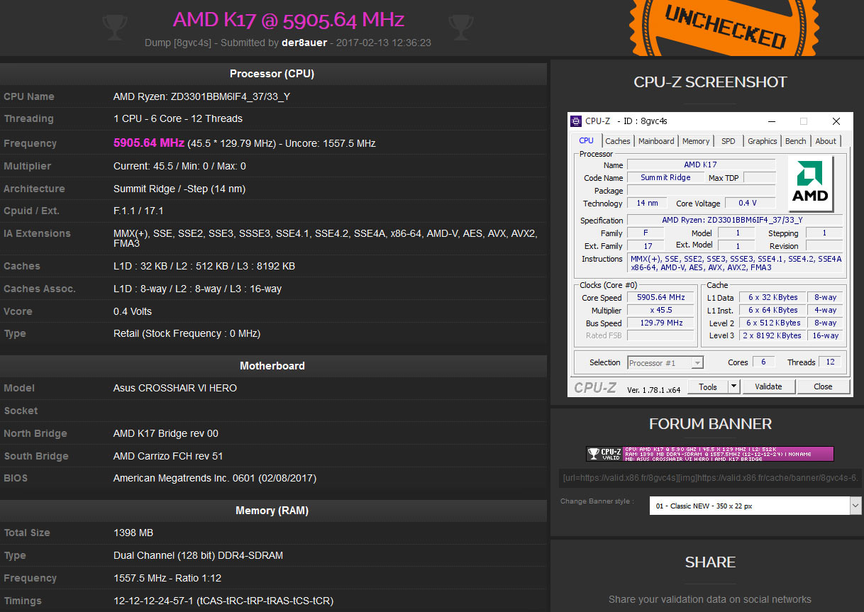 معالج AMD RYZEN 5 1600X يستعرض قوته ويصل لتردد 5.90GHz