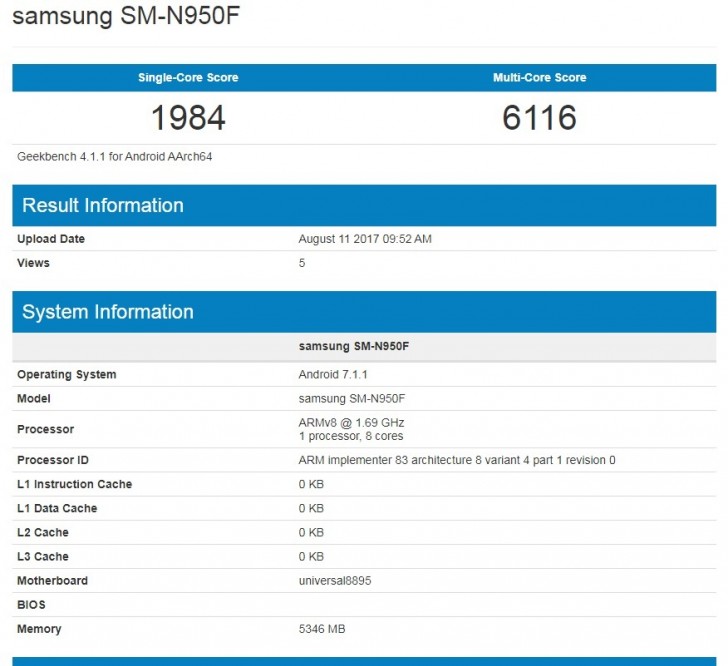هاتف Samsung Galaxy Note 8 يظهر من خلال Geekbench
