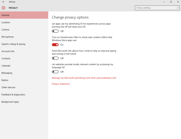 إعدادات الخصوصية في Windows 10