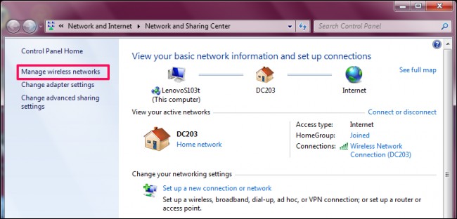 قُم بالضغط على Manage wireless networks