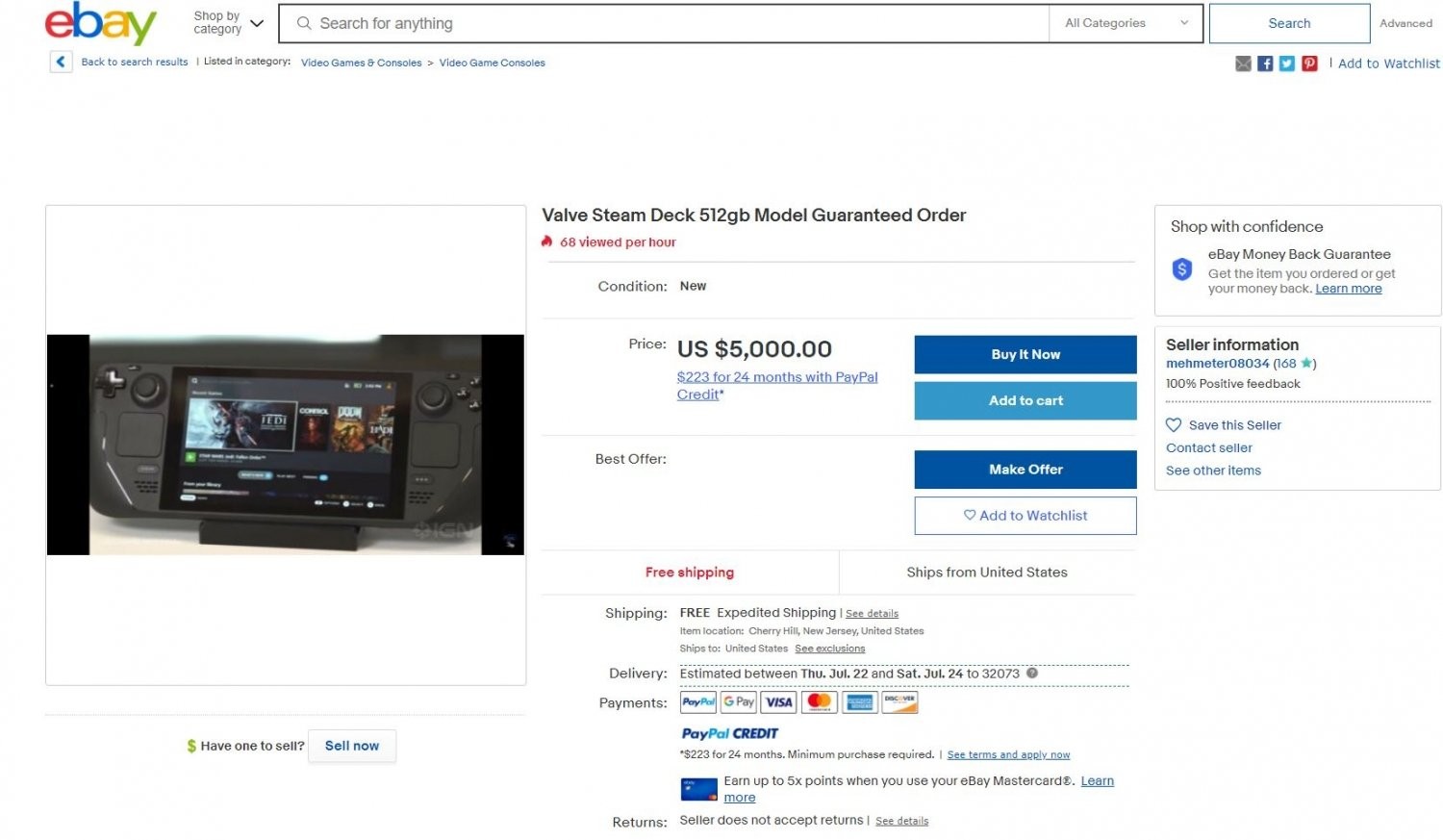 Steam Deck eBay Listing
