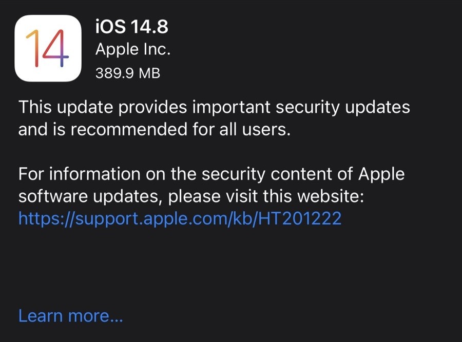 أبل تطلق التحديث iOS 14.8  لإصلاح ثغرة أمنية خطيرة