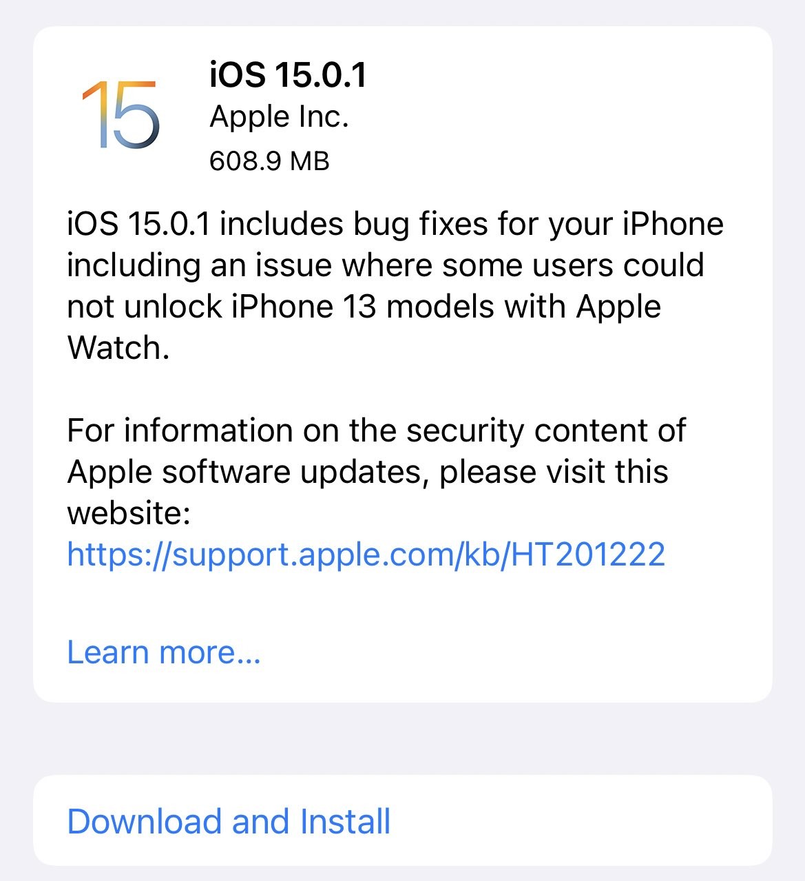 أبل تطلق التحديث iOS 15.0.1 لحل مشكلة فتح قفل الآيفون بواسطة ساعة أبل