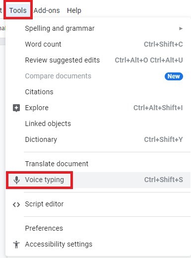 من قائمة Tools اختر voice typing