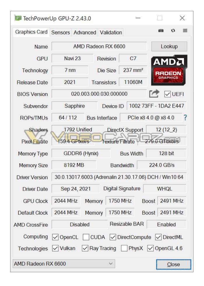 صورة من تشغيل بطاقة Radeon RX 6600 AMD