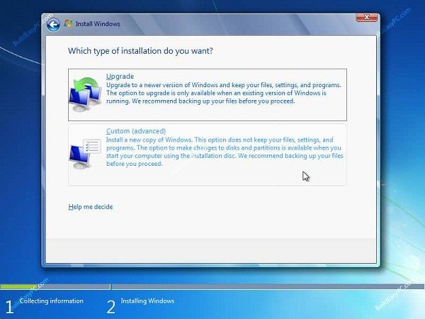 خيارين Upgrade أو Custom (Advanced)