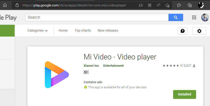 اسم حزمة تطبيق Mi Video على Google Play Store