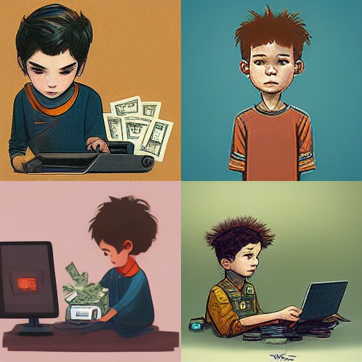 رسمة بواسطة نظام الذكاء الاصطناعي Midjoury تحت وصف: طفل صغير يستخدم الكمبيوتر ومُحاط بالدولارات بأسلوب كرتوني