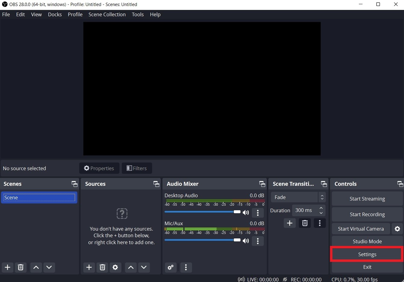 واجهة برنامج OBS
