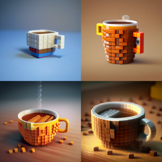 أمر /imagine a coffee cup full of coffee, as Lego على Midjourney