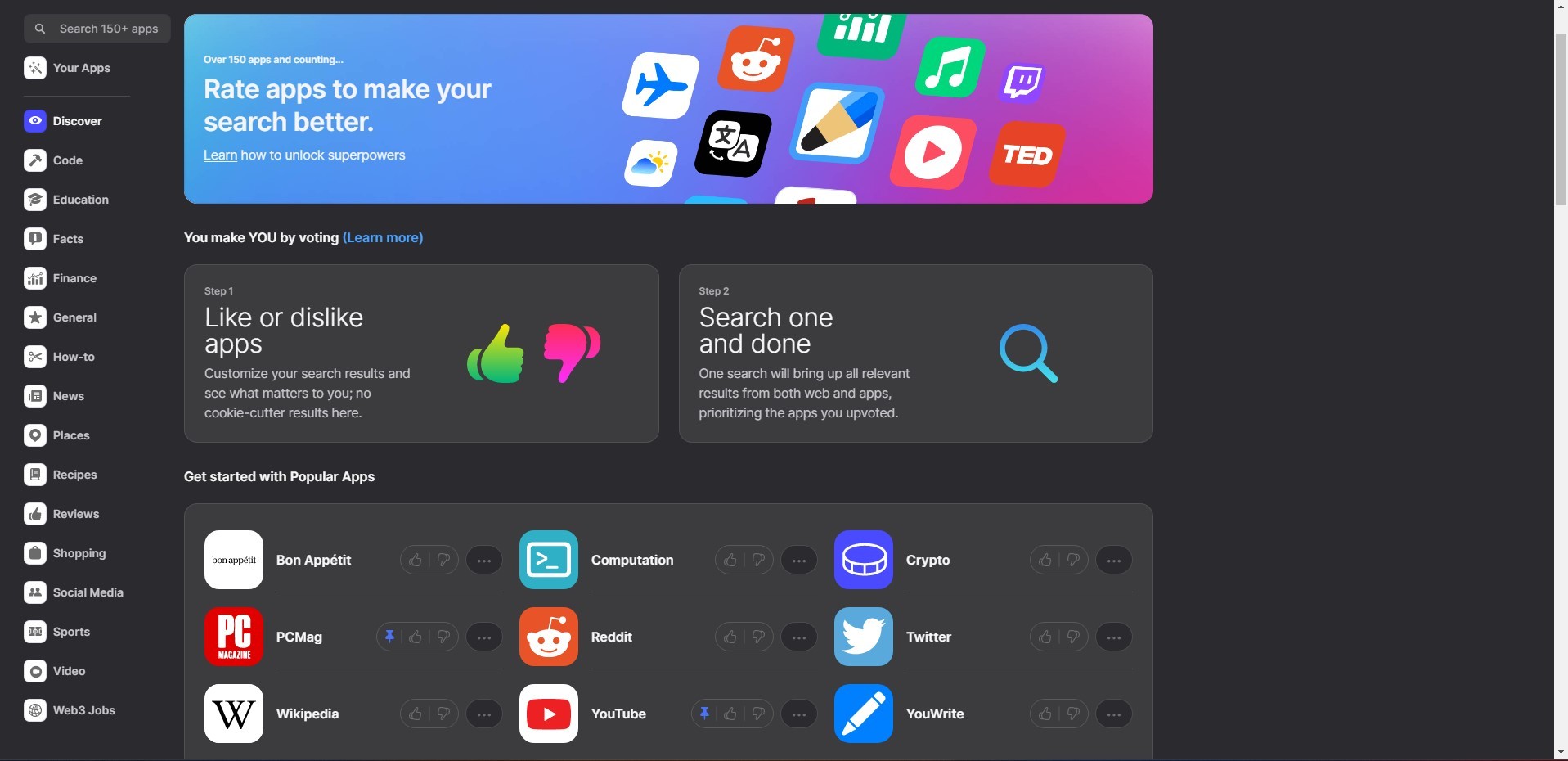 البحث على التطبيقات بشكل مباشر من موقع you.com