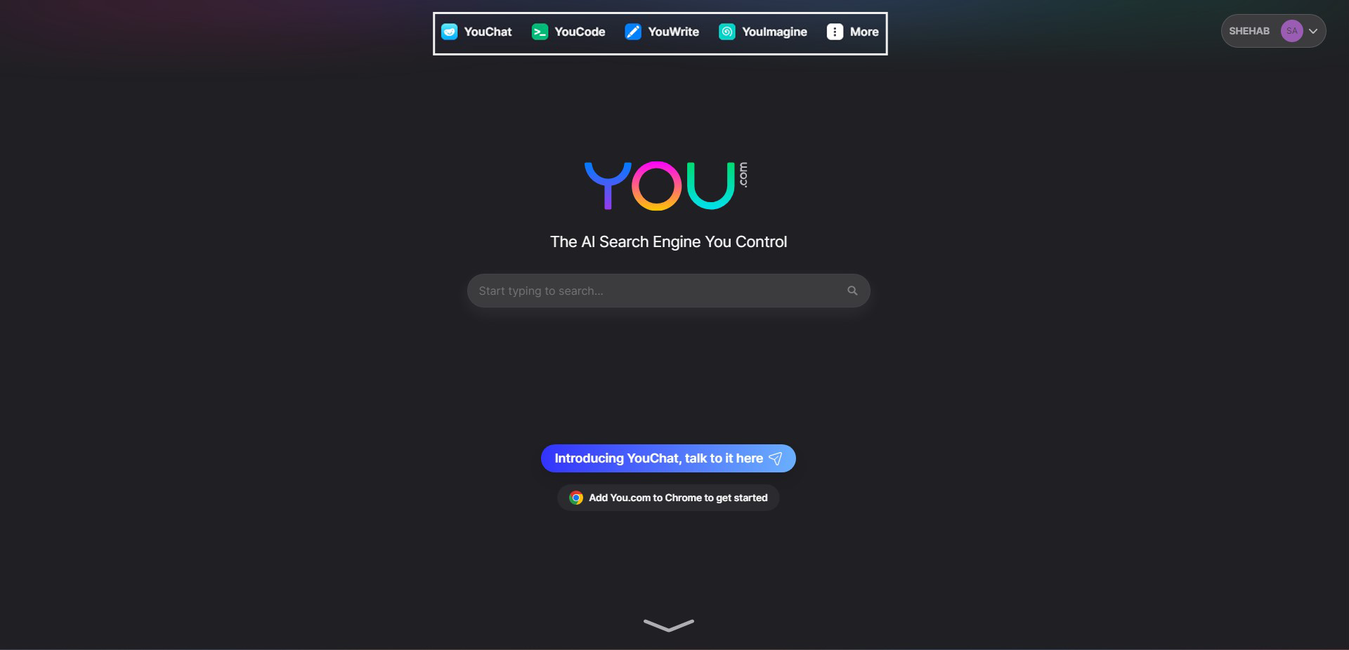 الصفحة الرئيسية لموقع you.com