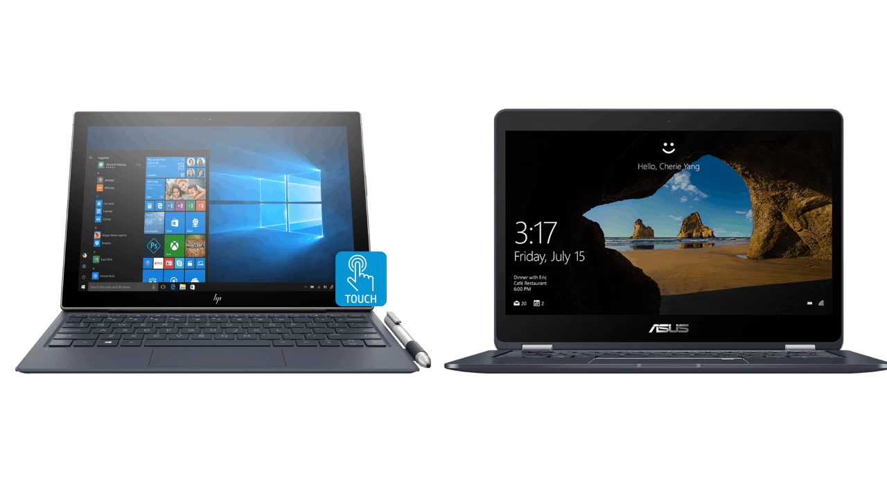أول أجهزة عملت بـ Windows 10 for ARM. لابتوب Asus Nova Go على اليمين و HP Envy X2 على اليسار