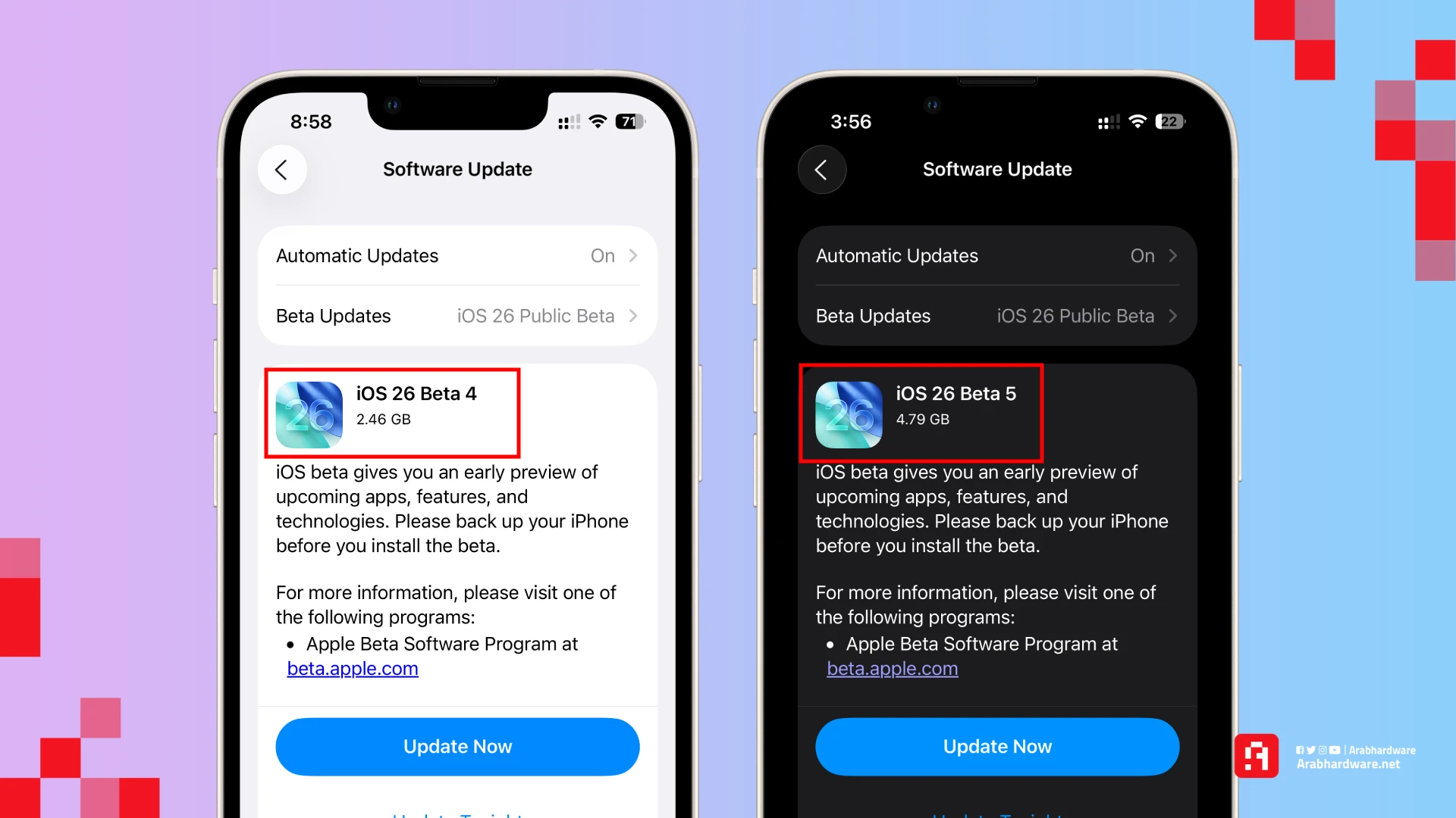 الفرق بين تحديث IOS 26 BETA 4 و BETA 5 في الحجم