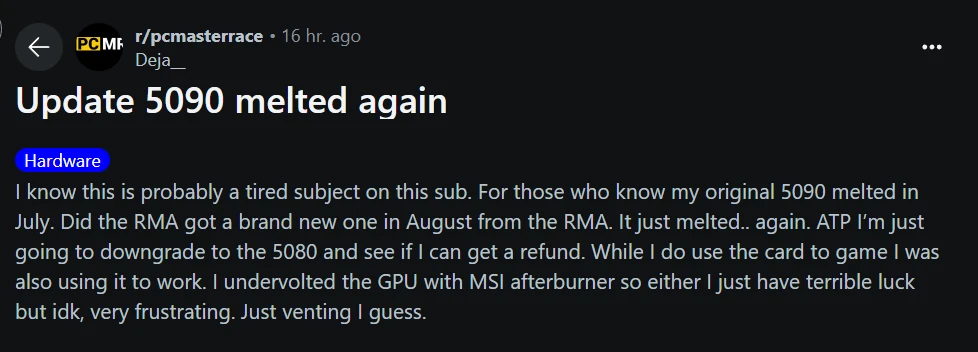 احتراق كارت RTX 5090 مرتين ريديت