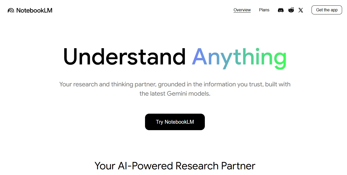 NotebookLM landing page 