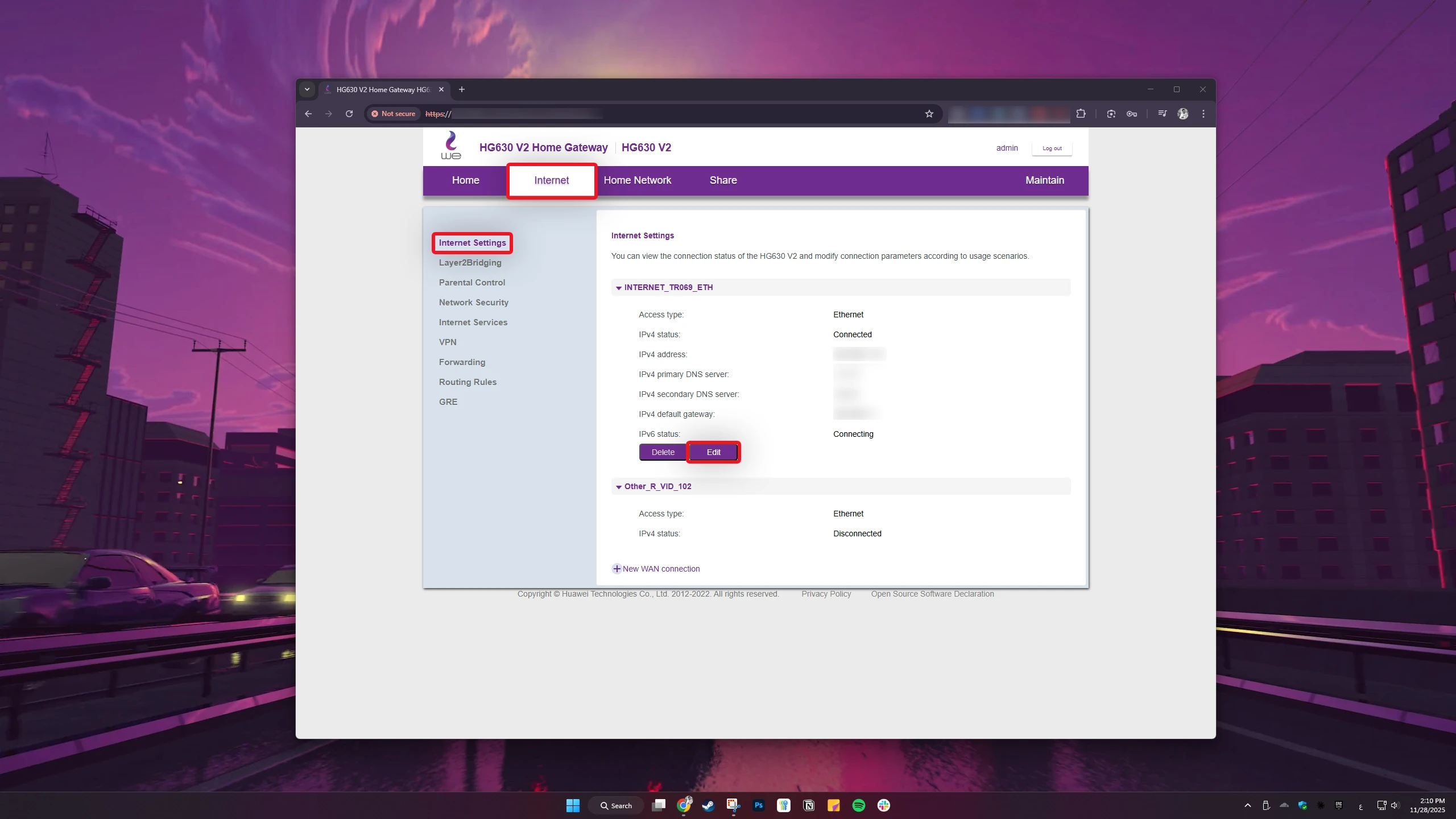 التوجه إلى إعدادات الإنترنت