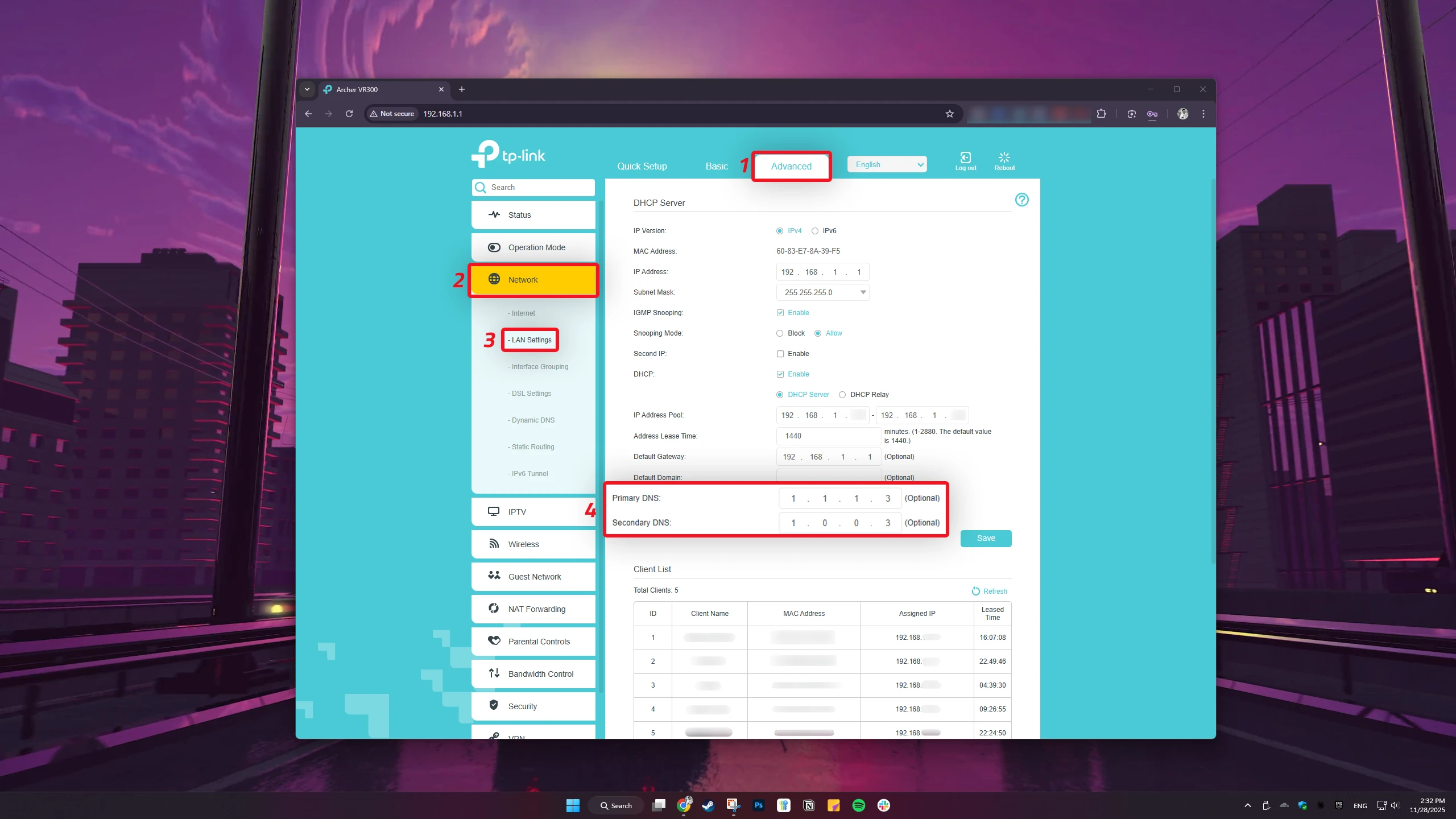 الوصول لإعدادات DNS في راوتر TP-Link