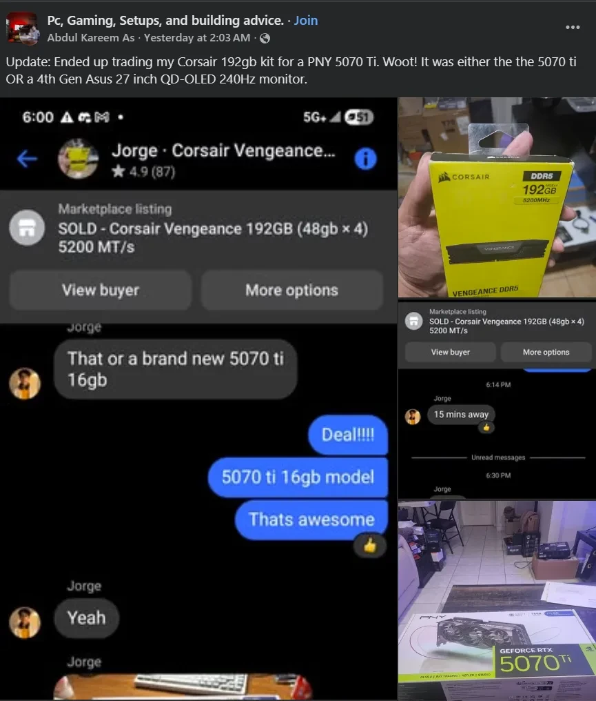 شخص يبادل رام بـ 2200 دولار مقابل RTX 5070 Ti