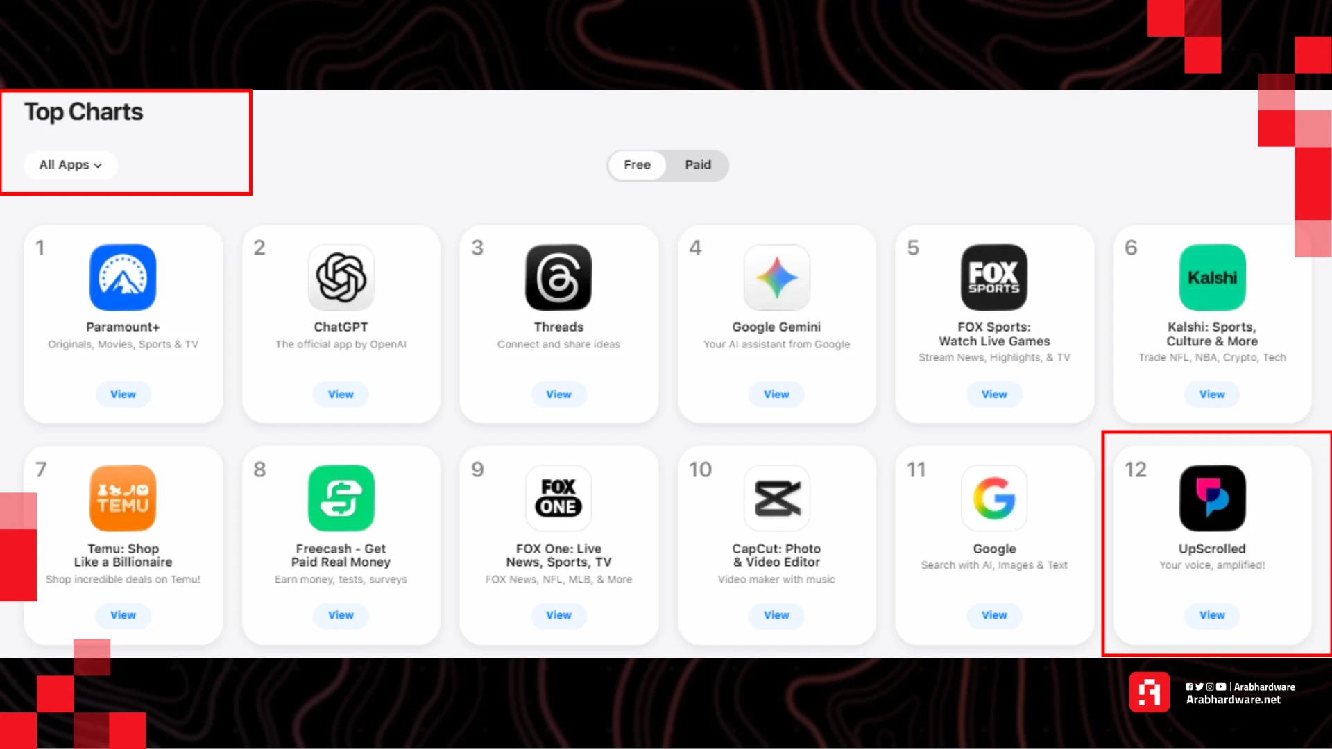 احتلال UpScrolled قوائم الأكثر تحميلًا في متجر آبل. المصدر: عرب هاردوير