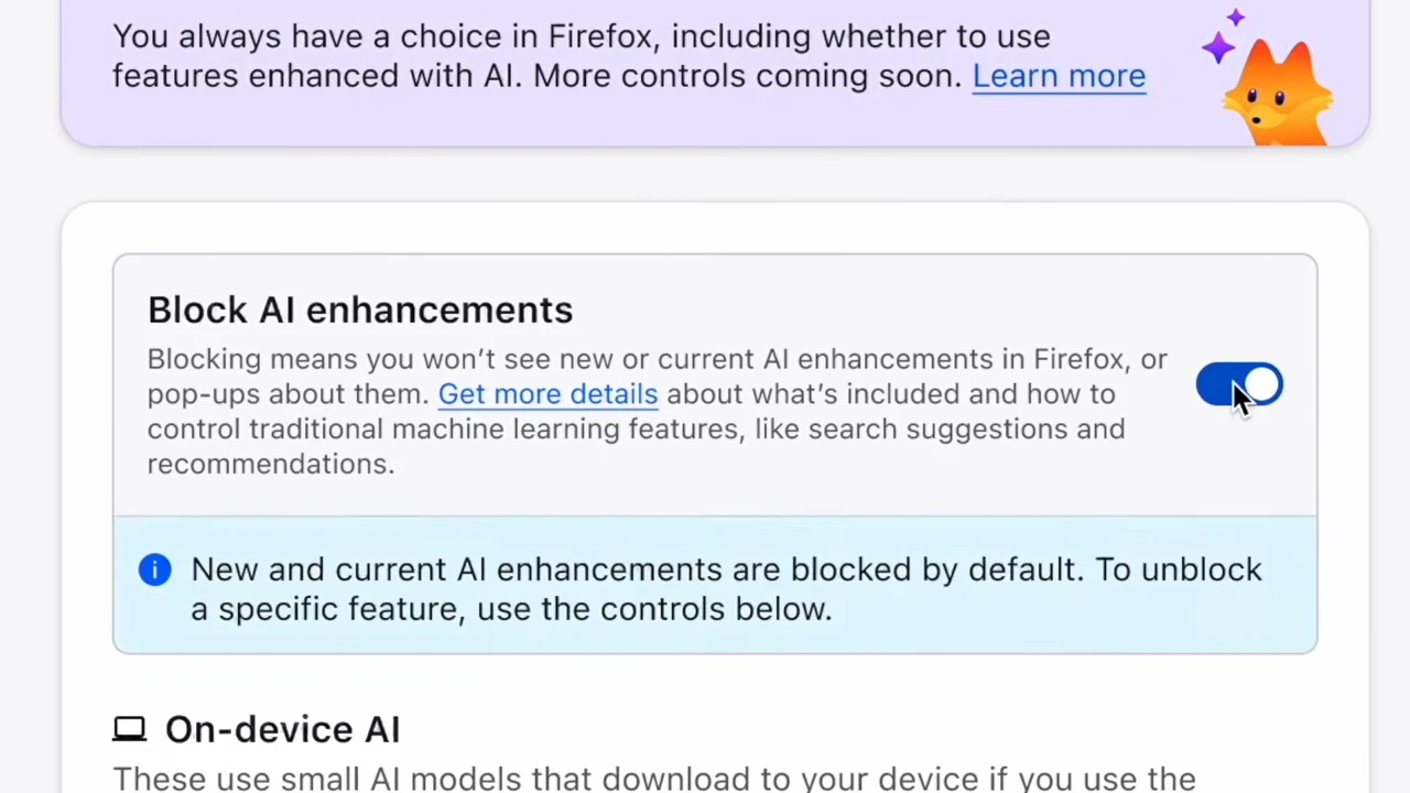 تعطيل جميع مميزات الذكاء الاصطناعي في متصفح فايرفوكس. المصدر: Mozilla