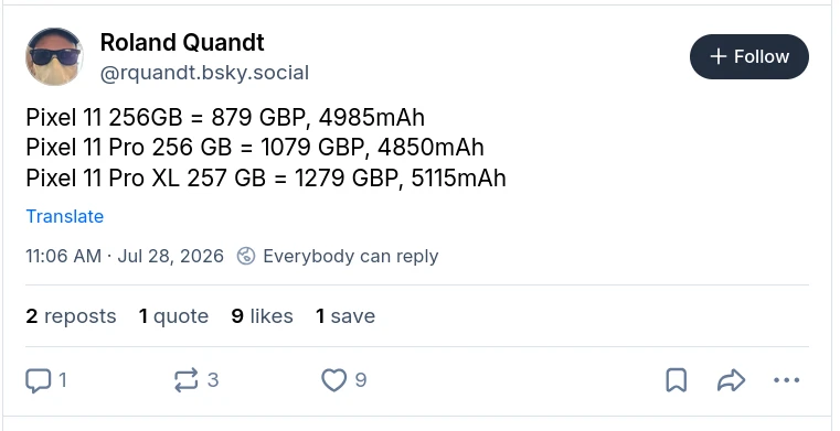 تسريبات اسعار واحجام بطاريات بكسل 11. المصدر: ronlad quandt