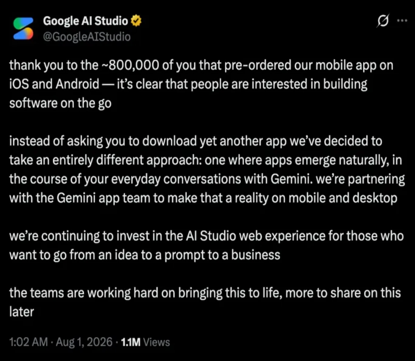 وداعًا AI Studio.. جوجل تلغي التطبيق بعد 800 ألف طلب مسبق - المصدر: جوجل