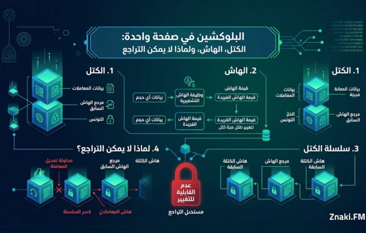 كيف تعمل البلوك تشين؟ شرح مبسّط للهاش والكتل وسر استحالة التراجع