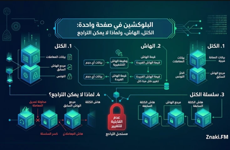 البلوك تشين في صفحة واحدة: الكتل والهاش ولماذا يستحيل التراجع
