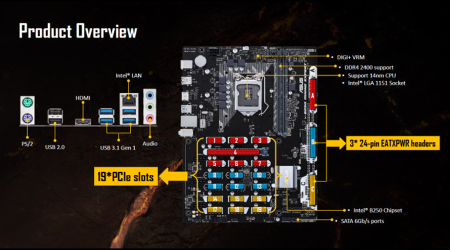 استعراض قوة من ASUS مع لوحة B250 Expert Mining بـ 19 منفذ PCIe!