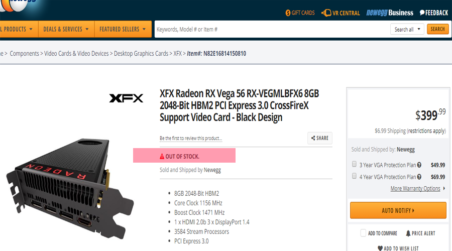 بطاقة RX Vega 56 تختفي خلال دقائق من موقع Newegg بسبب الطلب الهائل!