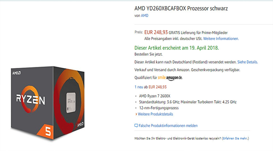 أمازون الألماني يعرض معالج AMD Ryzen 5 2600X من الجيل الثاني بالخطأ