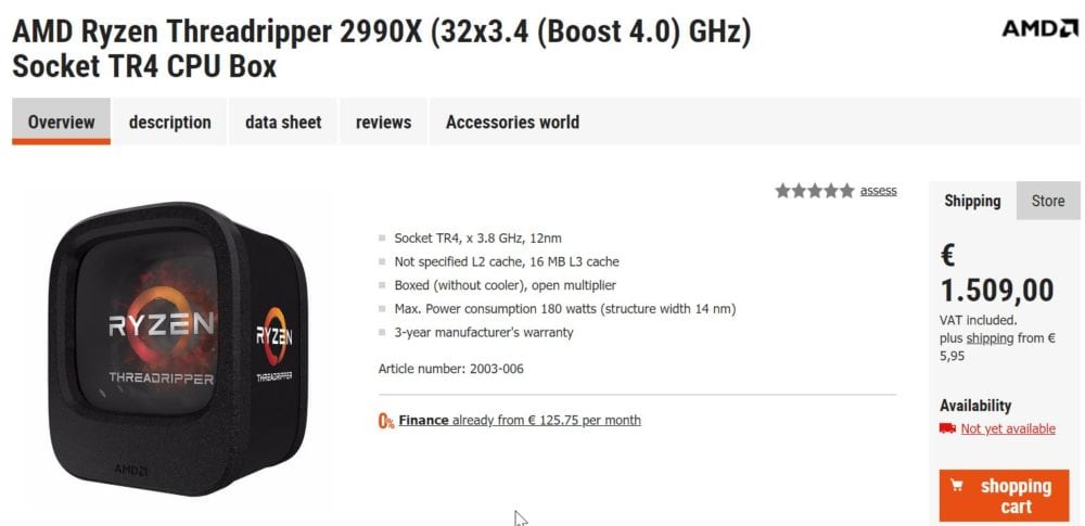 معالج Threadripper 2990X يظهر على أحد مواقع الشراء بسعر 1509 يورو