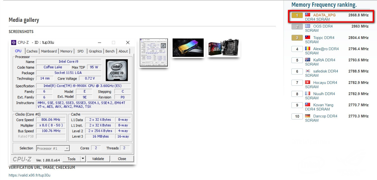 ذاكرة ADATA SPECTRIX D60G تحطم الأرقام من جديد وتصل لتردد 5738MT/s!!