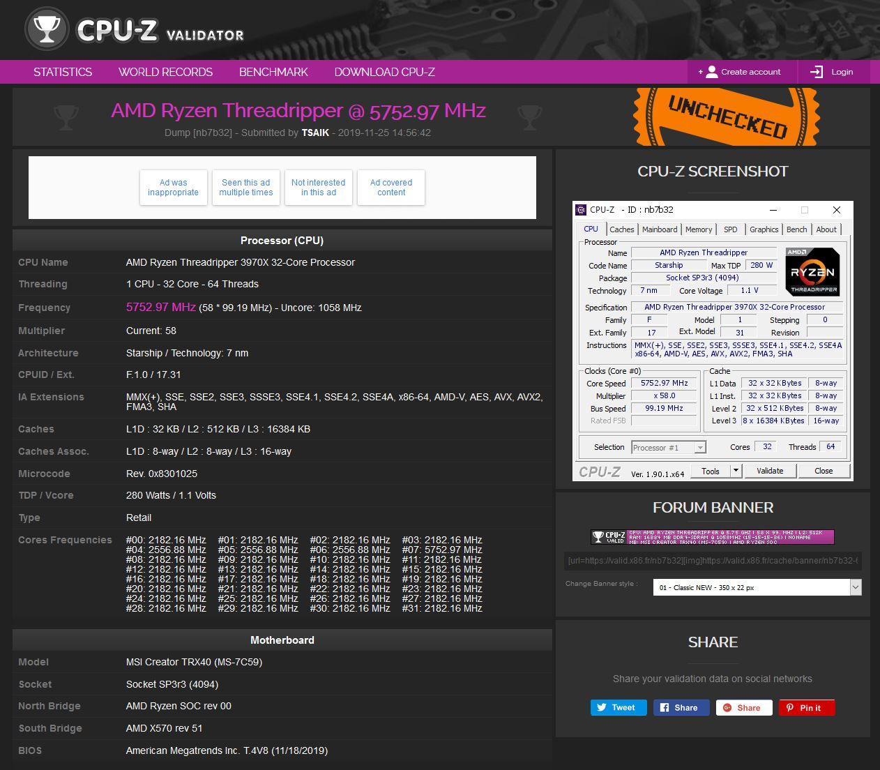 معالج AMD Threadripper 3970X يصل لتردد 5.75GHz على جميع الأنوية 32