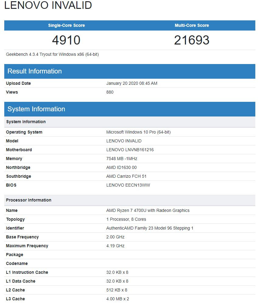 نتائج معالج Ryzen 7 4700U من AMD تظهر على منصة Geekbench ! بروسيسور