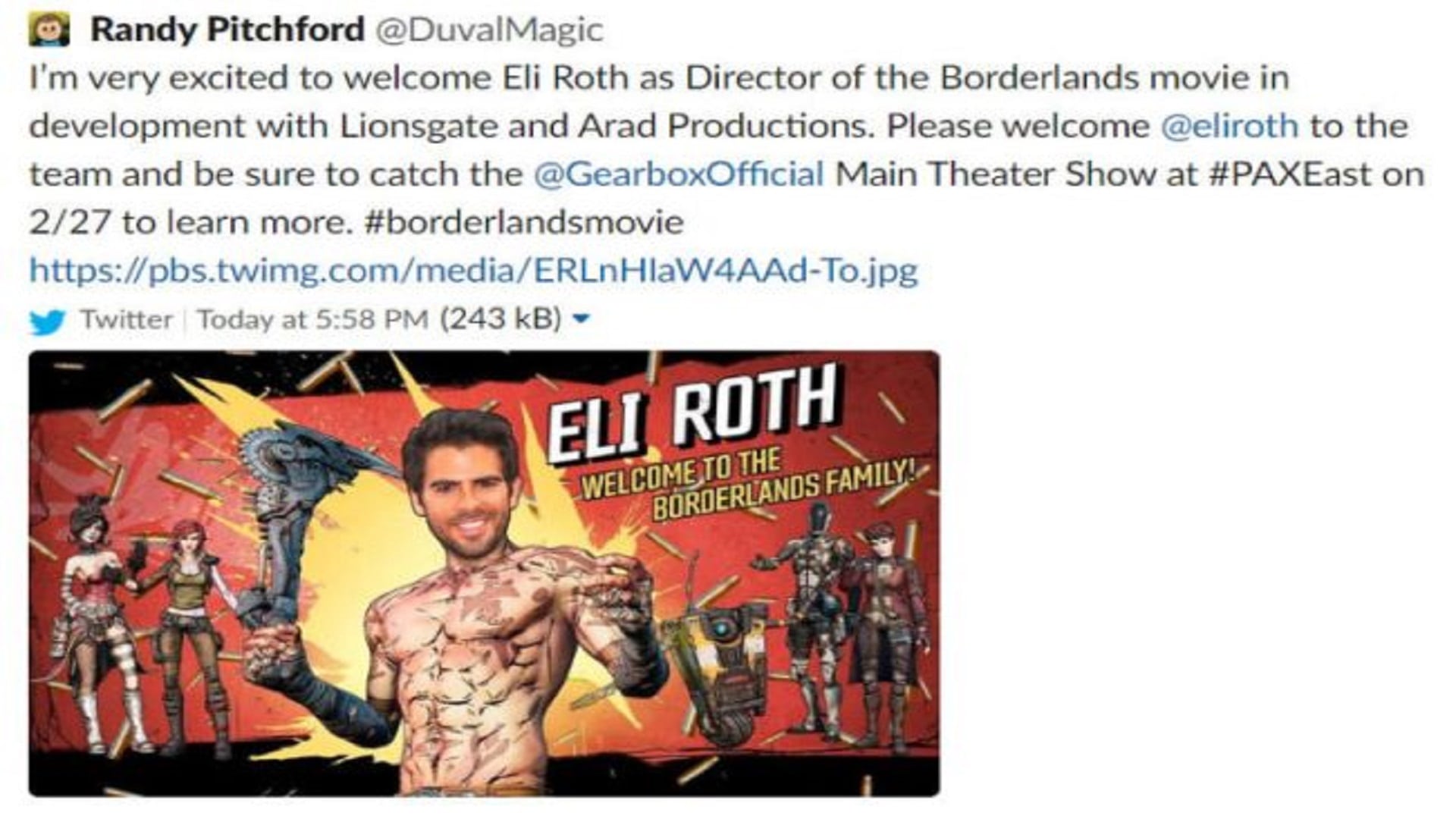 لعبة Borderlands تحصل على فيلم سينمائي من إخراج Eli Roth.