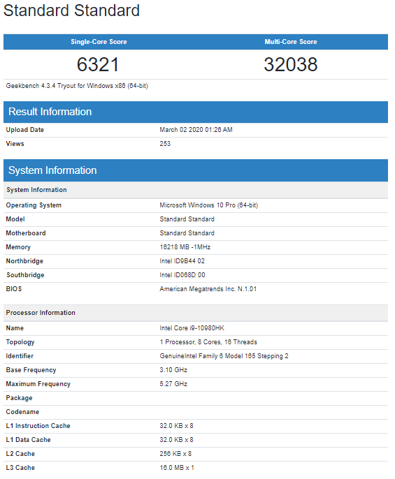 نتائج Geekbench تضع معالج Core i9-10980HK بمستوى Threadripper 2970WX!