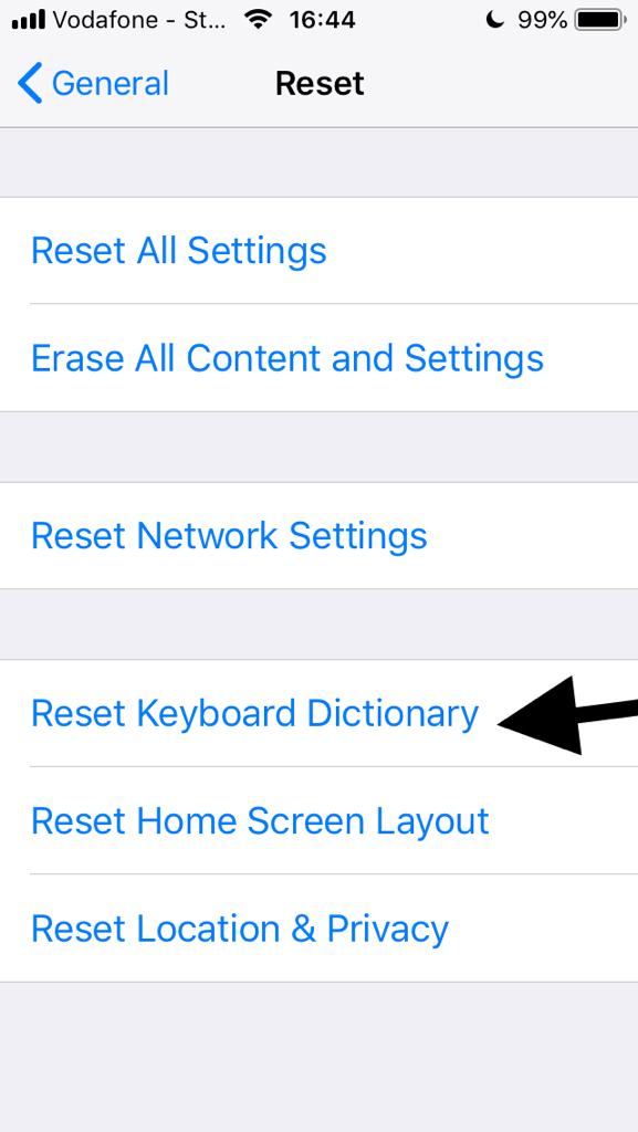 اختيار Reset Keyboard Dictionary