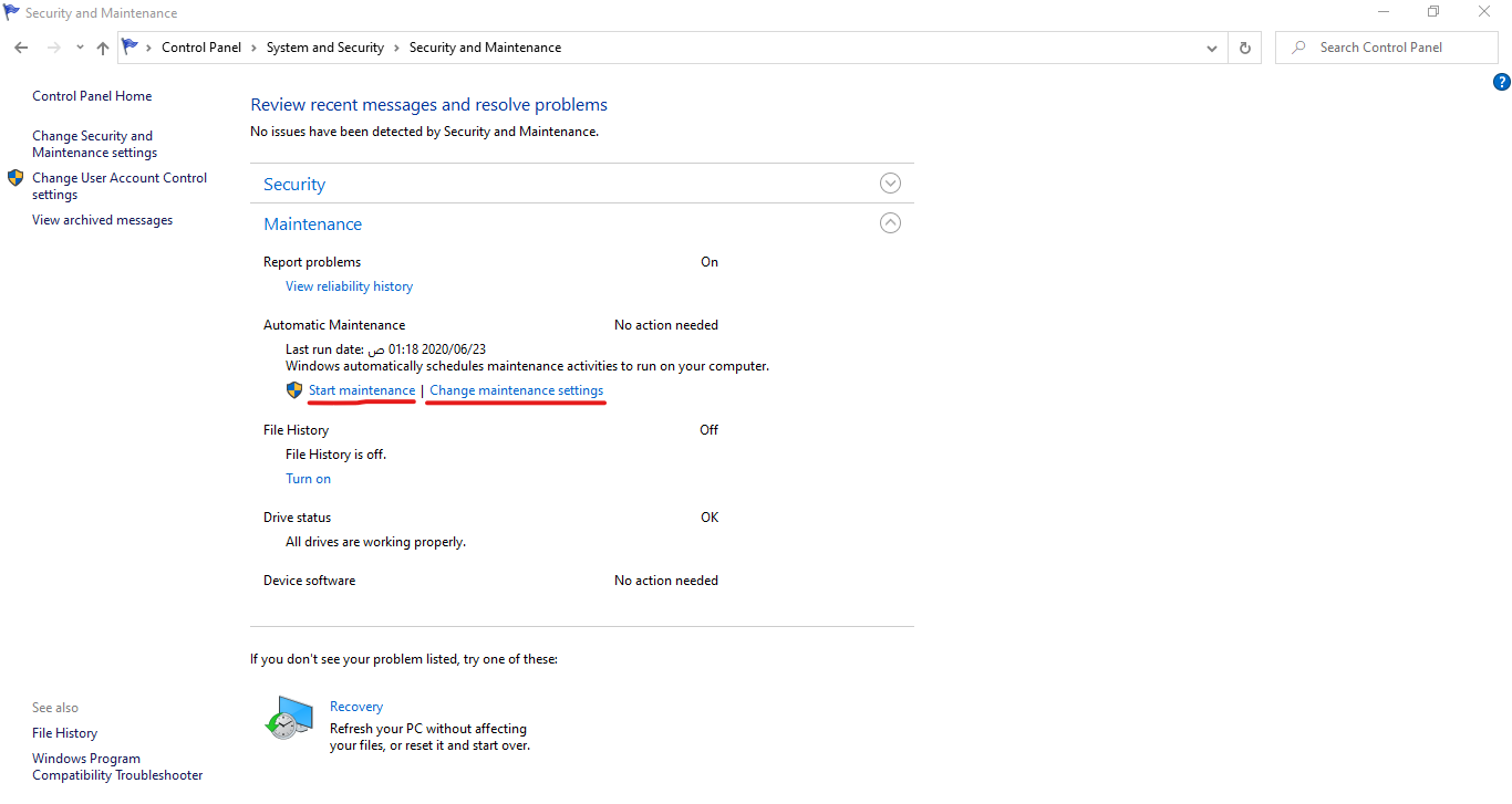 التأكد من تشغيل صيانة ويندوز 10 الآلية