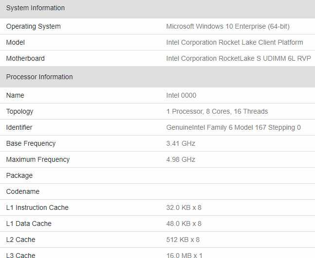 Intel Rocket Lake Geekbench