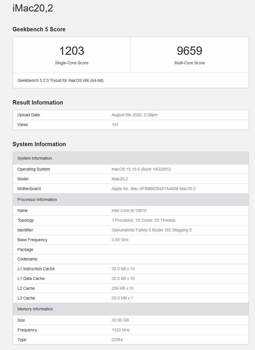 نتائج معالج Core i9-10910 من شركة Intel المخصص من أجل شركة Apple تظهر