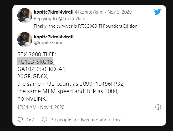 شركة NVIDIA قد تكون تعمل في النهاية على بطاقة RTX 3080 Ti بذاكرة 20GB